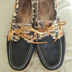 Sperry Top Slider Women's Shoes Size 8M Black and Leopard Boat Shoe.